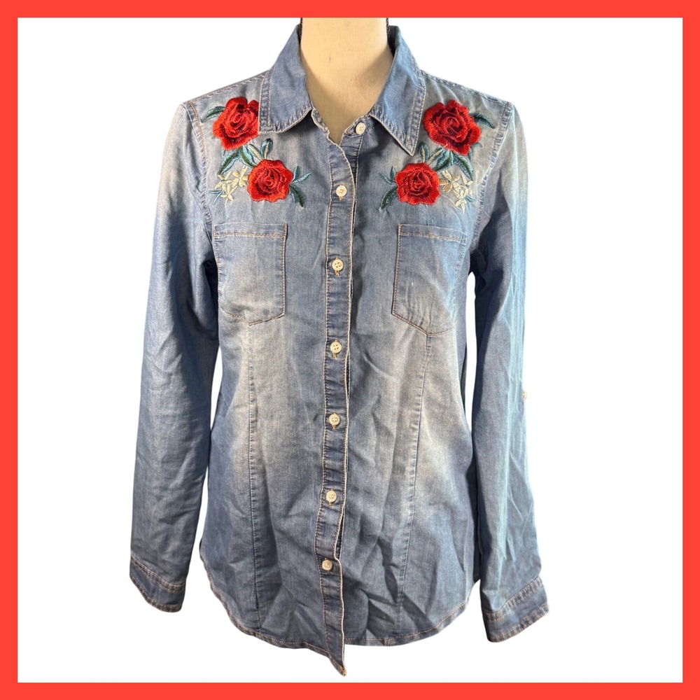 Cavalini Womens Denim Shirt with Floral‎ Embroidery, Long Sleeve Button Down Top